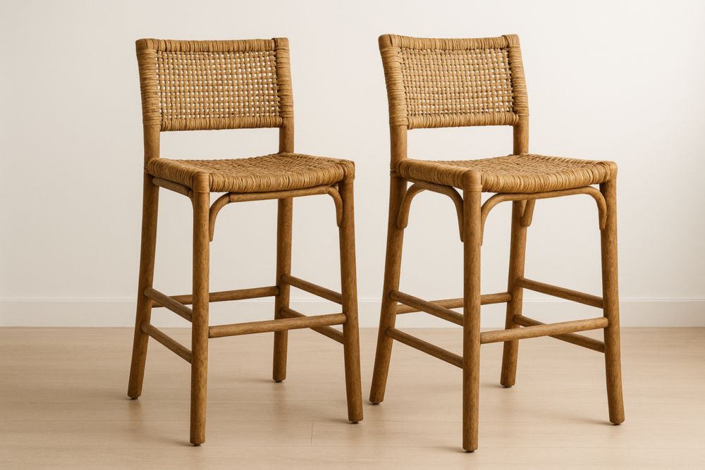 Paire de chaises de bar en bois d'acacia et rotin tressé 105 cm naturel-jardinvitaluz