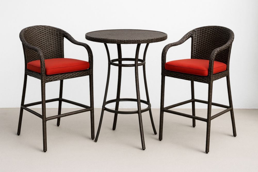 Ensemble de bar extérieur en résine marron avec coussins rouges-jardinvitaluz