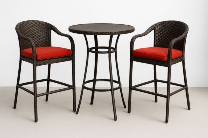 Ensemble de bar extérieur en résine marron avec coussins rouges-jardinvitaluz