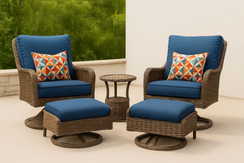 Ensemble de fauteuils pivotants en rotin avec coussins bleu marine et table-jardinvitaluz
