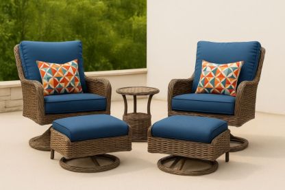 Ensemble de fauteuils pivotants en rotin avec coussins bleu marine et table-jardinvitaluz