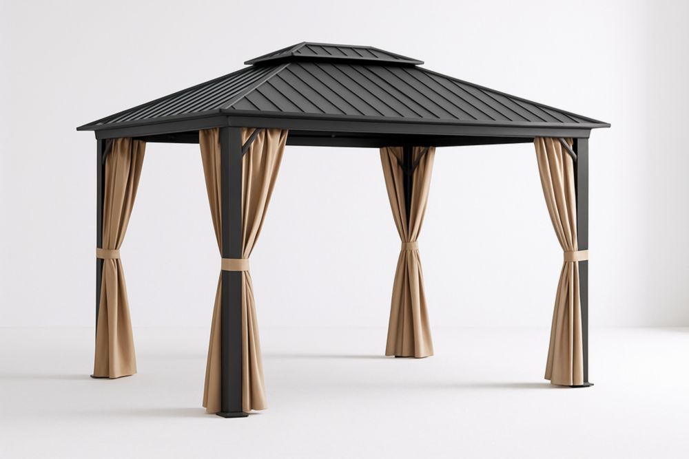 Pavillon en aluminium et acier avec rideaux en polyester 400x300x250 cm Noir/Beige-jardinvitaluz