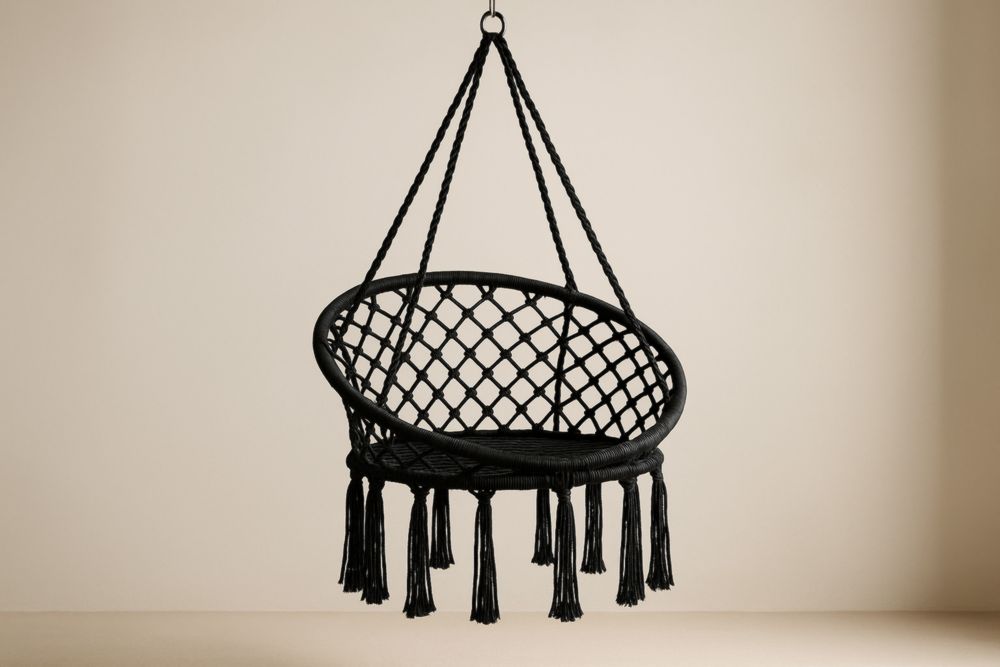 Chaise Hamac Suspendue Rond en Coton Noir 80cm-jardinvitaluz