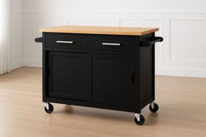 Îlot de Cuisine à Roulettes avec Plateau en Bois et Structure Métallique Noir-jardinvitaluz