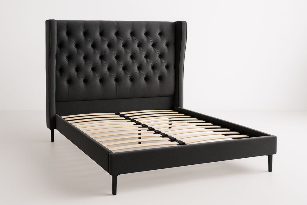 Lit en Similicuir Noir avec Tête Capitonnée 160x200 cm-jardinvitaluz