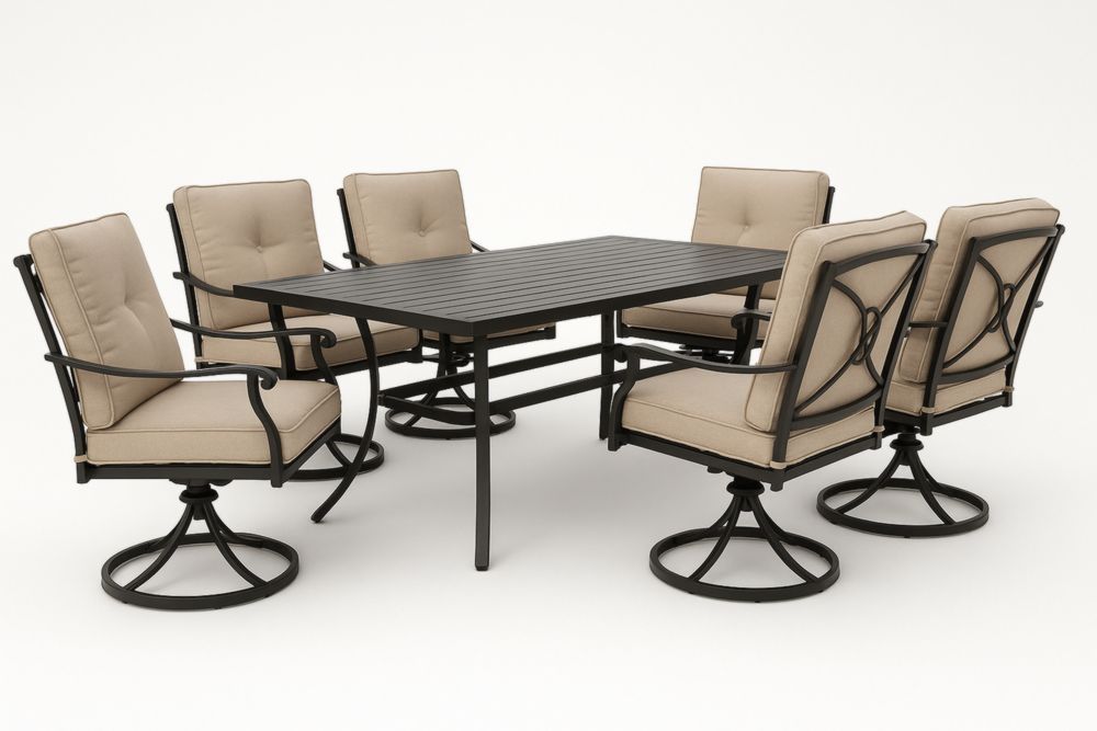 Ensemble de Salle à Manger Extérieur 7 Pièces avec Table en Aluminium et Chaises à Coussin Pivotantes, Beige/Noir-jardinvitaluz