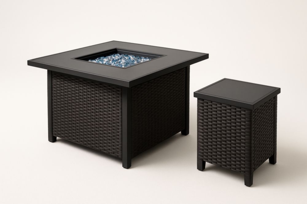 Table de feu en acier inoxydable et résine avec table d'appoint noire-jardinvitaluz