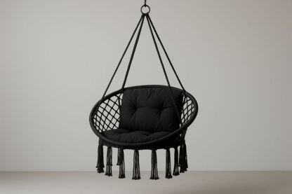 Fauteuil suspendu en corde avec coussin en polyester noir, diamètre 80 cm-jardinvitaluz
