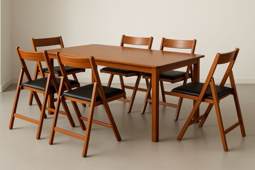 Table à manger avec 6 chaises pliantes en bois et simili cuir marron et noir-jardinvitaluz