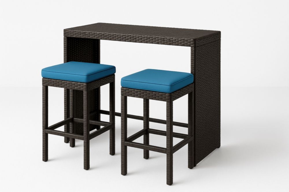 Ensemble de Table en Résine Tressée avec 2 Tabourets Coussins Bleus-jardinvitaluz