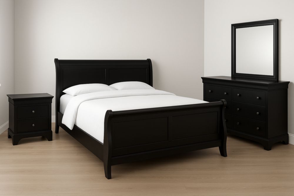 Ensemble de chambre en bois noir avec lit, table de chevet et commode-jardinvitaluz