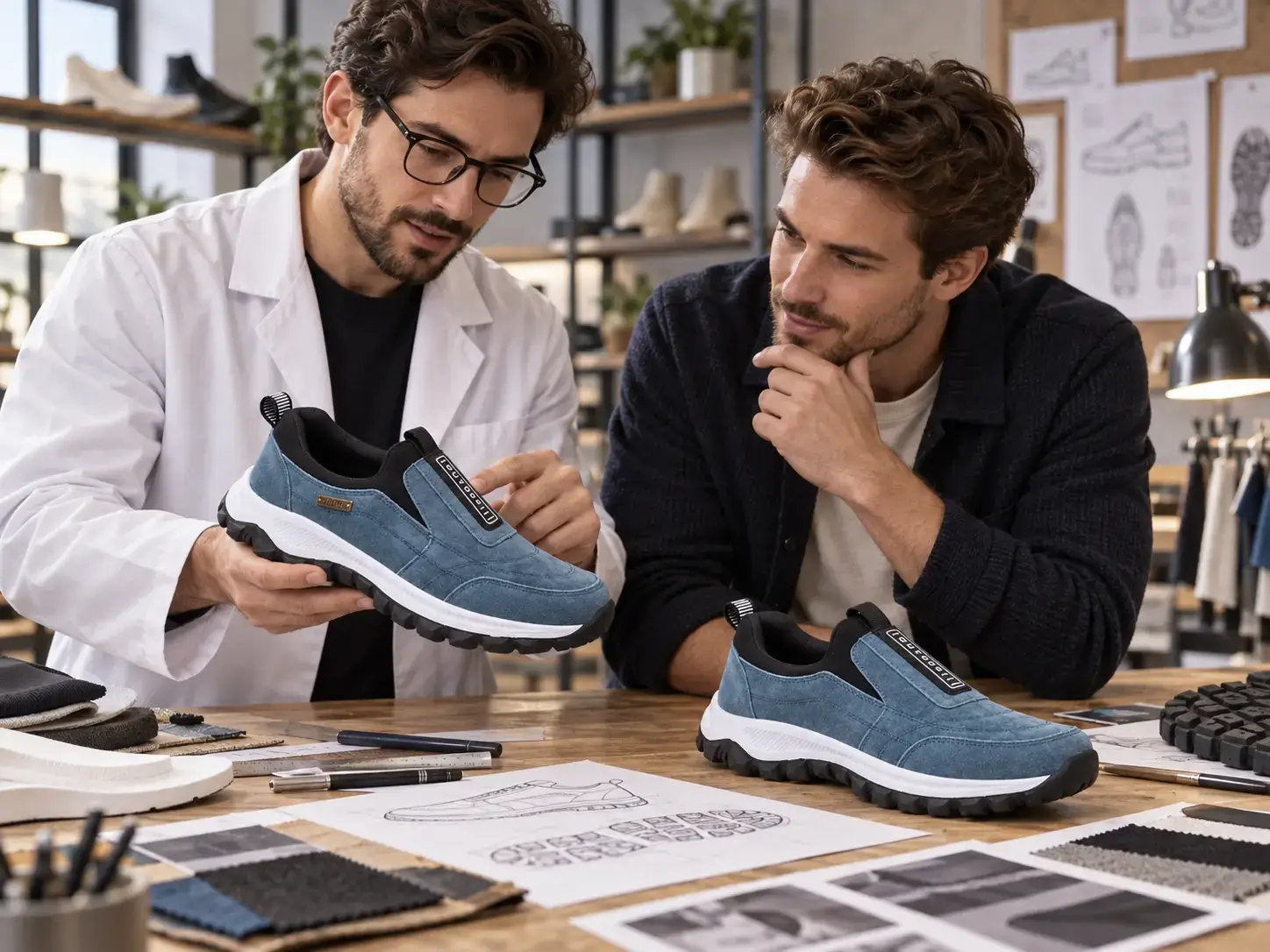 Two founders (one in a lab coat, one in stylish casual wear) discussing a shoe prototype in a studio