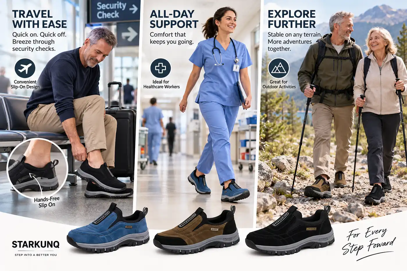 Collage showing three scenes: easy airport security, a nurse walking fast in a hospital, and an older couple hiking on a gravel trail