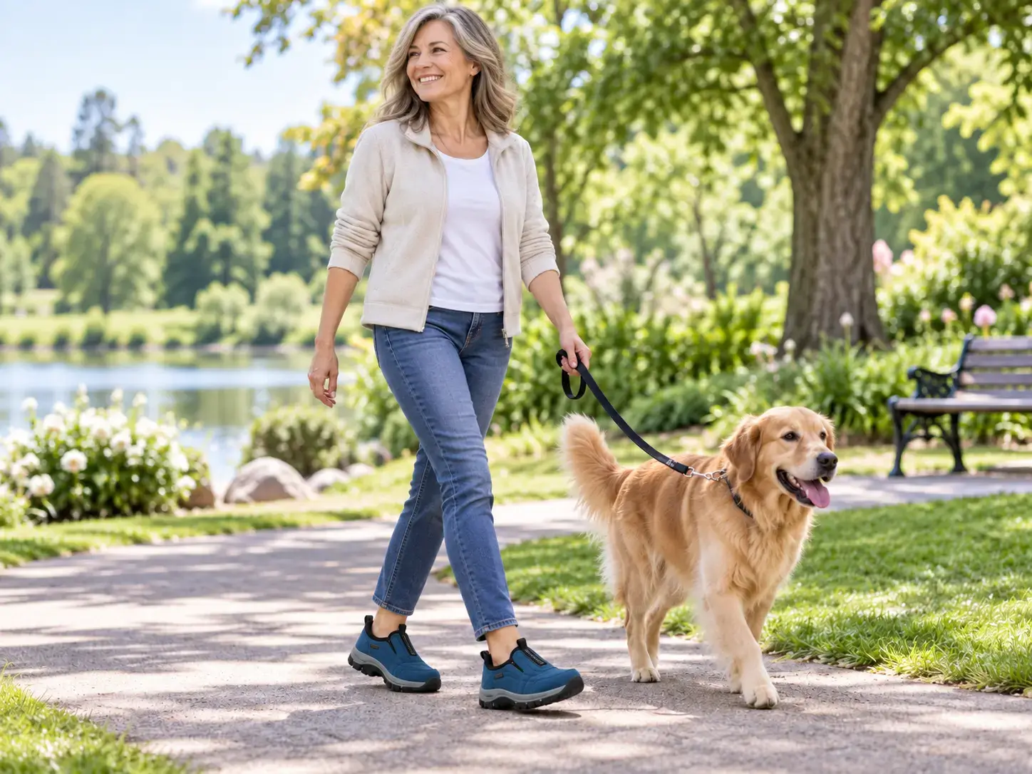 A casually dressed woman happily walking her dog in the park wearing Liorveth walking shoes