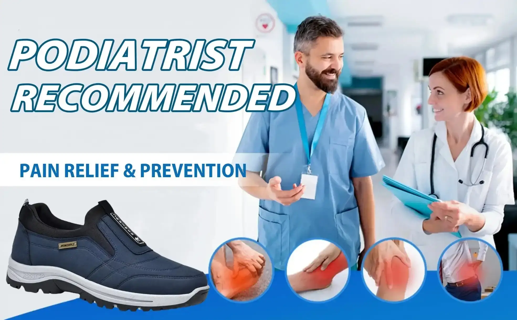A UK podiatrist in a clinic explaining the arch support of the Liorveth shoe to a patient
