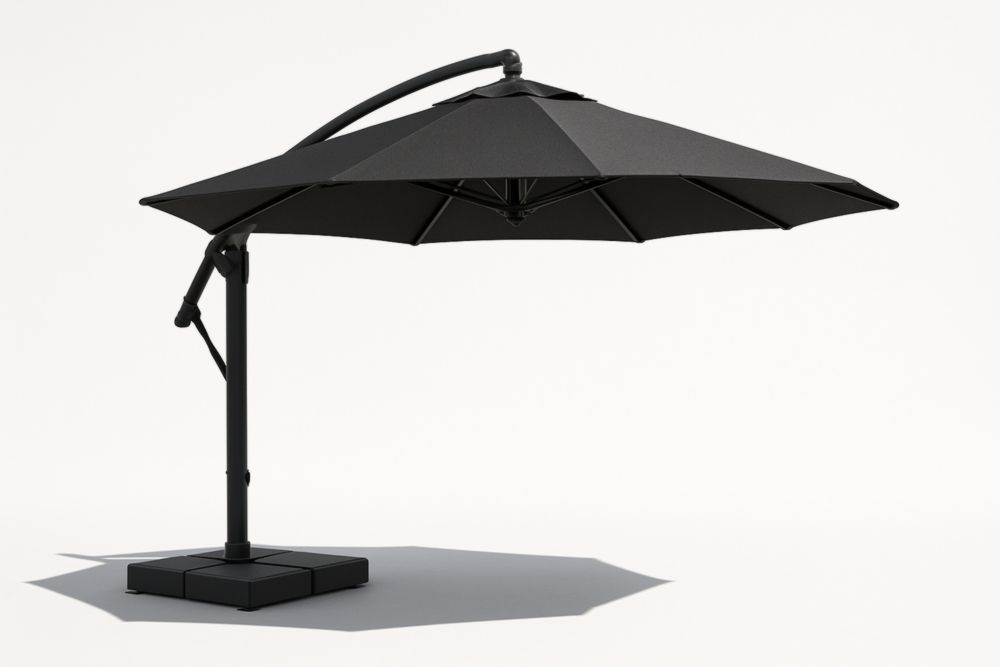 Parasol déporté rond 300cm polyester noir avec base en acier