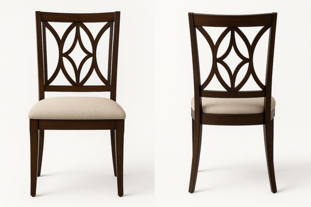 Chaise en bois massif brun avec dossier à motif et siège rembourré beige 102cm x 48cm x 55cm