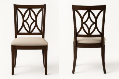 Chaise en bois massif brun avec dossier à motif et siège rembourré beige 102cm x 48cm x 55cm