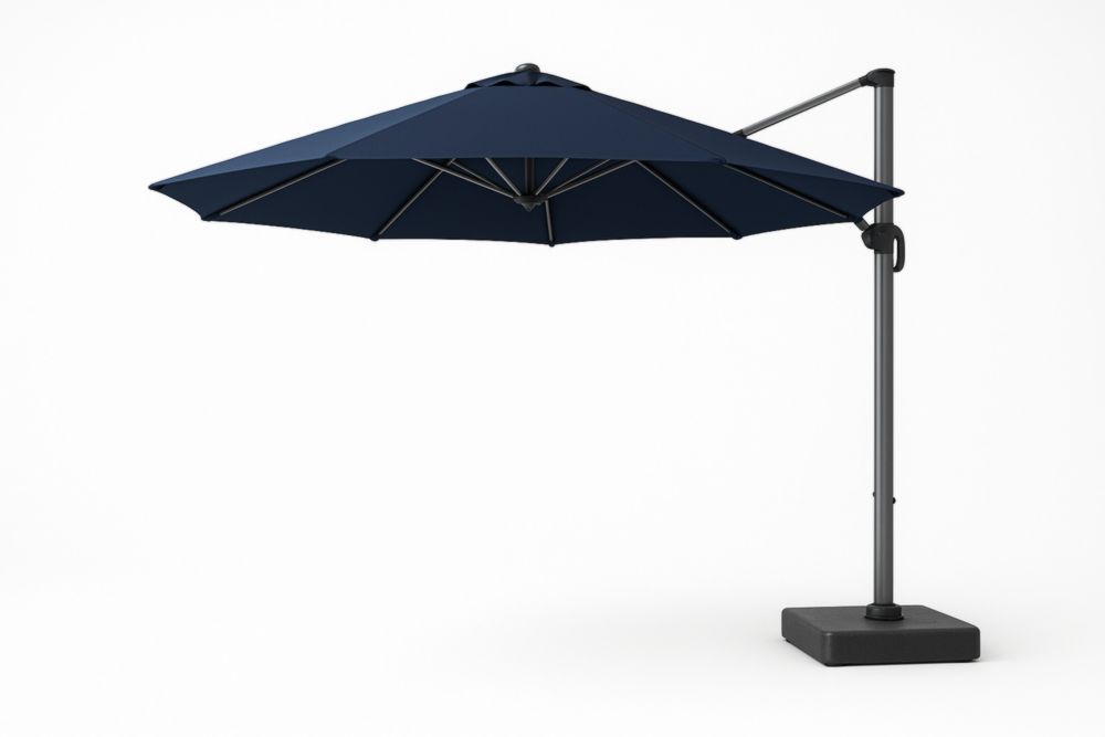 Parasol Déporté Rond 3m Tissu Polyester Bleu Structure Aluminium Base Inclus