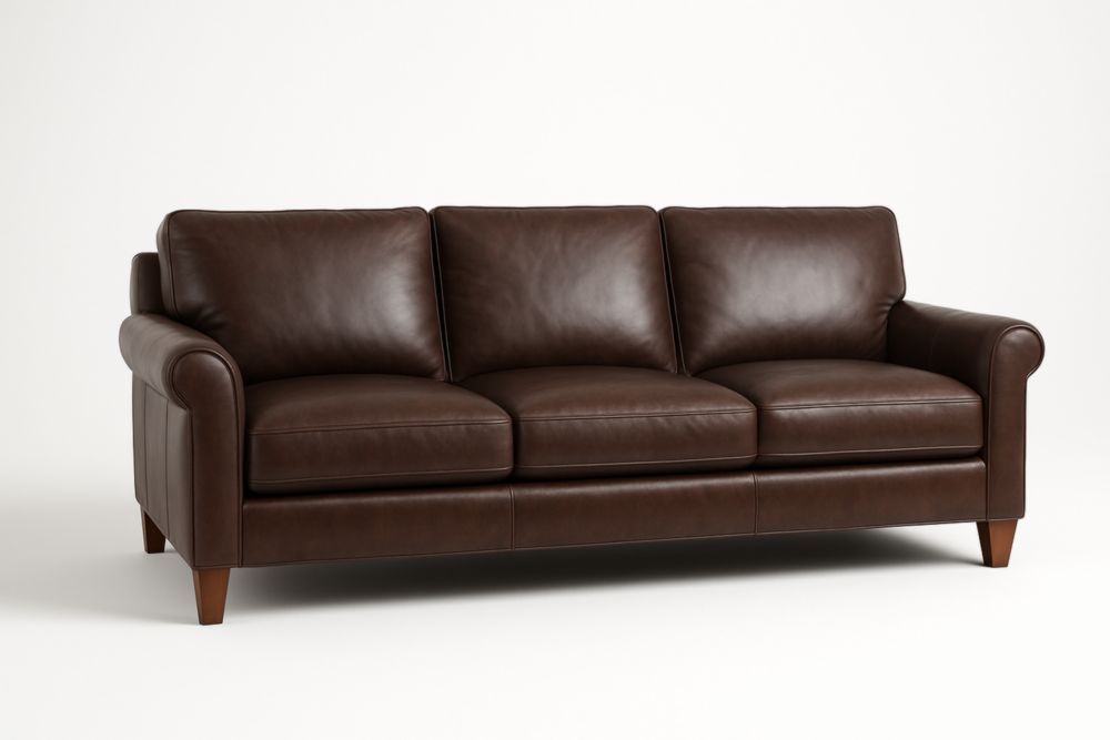 Canapé trois places cuir brun pieds bois 220cm