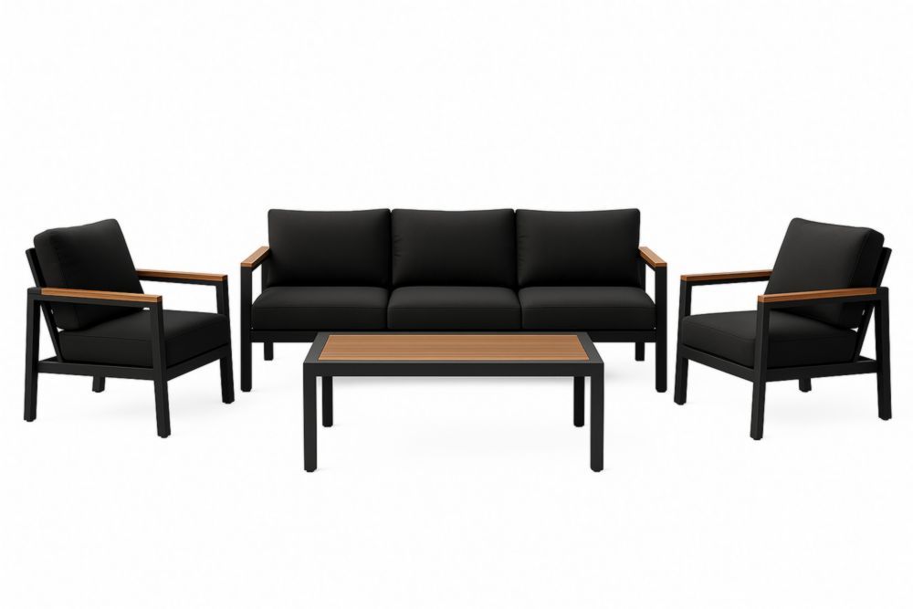 Ensemble de salon de jardin aluminium polyester noir 3 places 2 fauteuils table