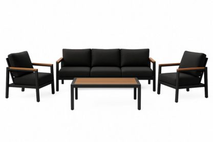 Ensemble de salon de jardin aluminium polyester noir 3 places 2 fauteuils table