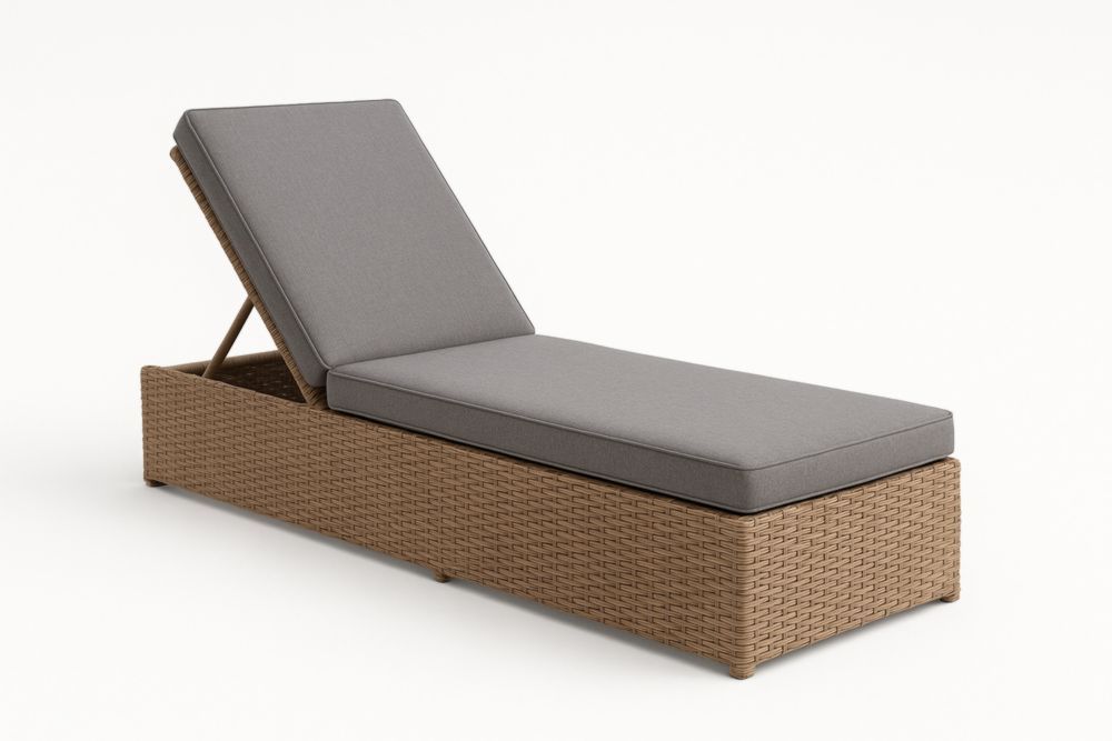 Chaise longue ajustable rotin synthétique coussin gris