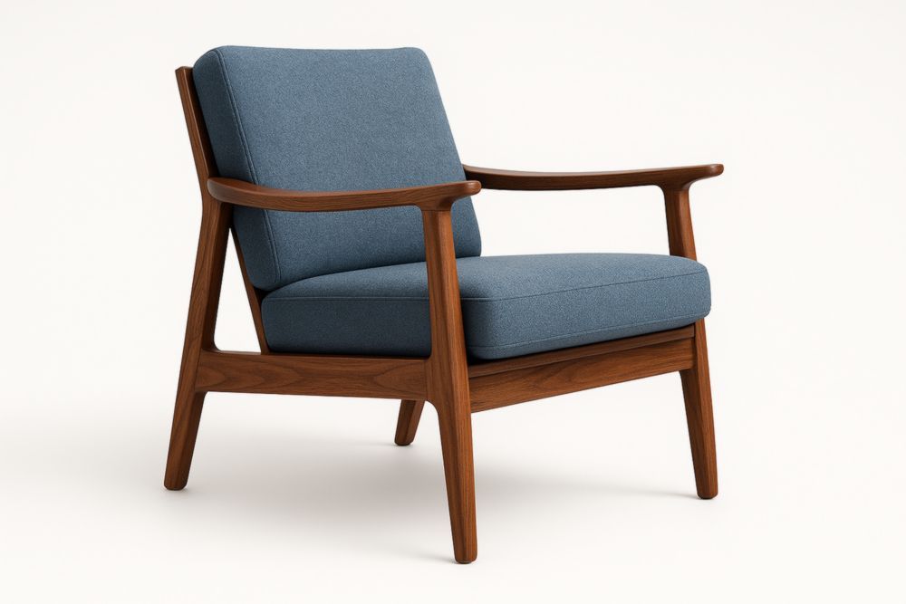 Fauteuil en bois massif avec coussins en tissu bleu