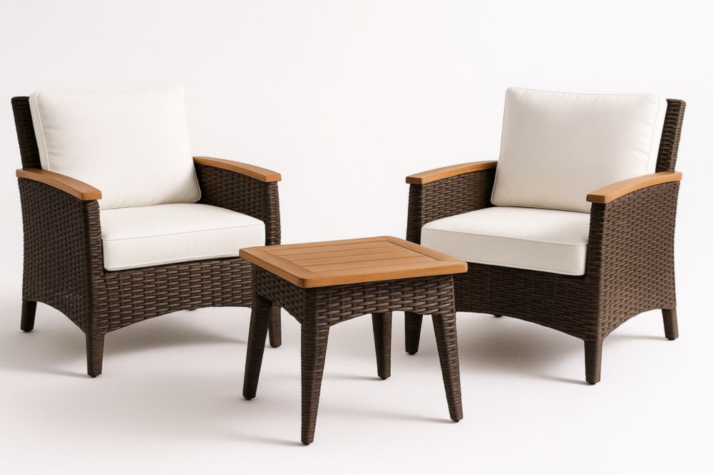 Ensemble de meubles de jardin en rotin PE, 2 fauteuils avec coussins en polyester, table en bois d'acacia, marron