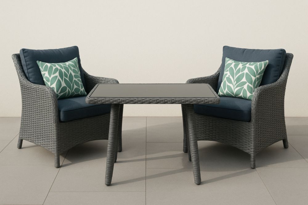 Ensemble de mobilier extérieur en résine tissée avec coussins en polyester et table en verre trempé 140x80x75 cm Gris/Bleu
