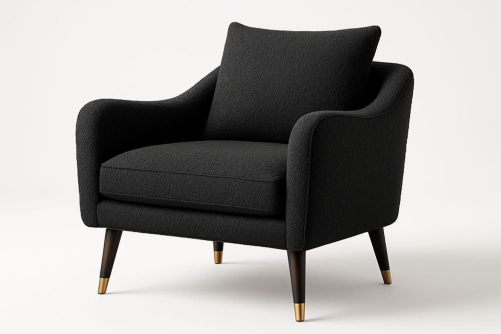 Fauteuil en tissu noir avec pieds en bois et embouts métalliques 87cm x 92cm x 88cm