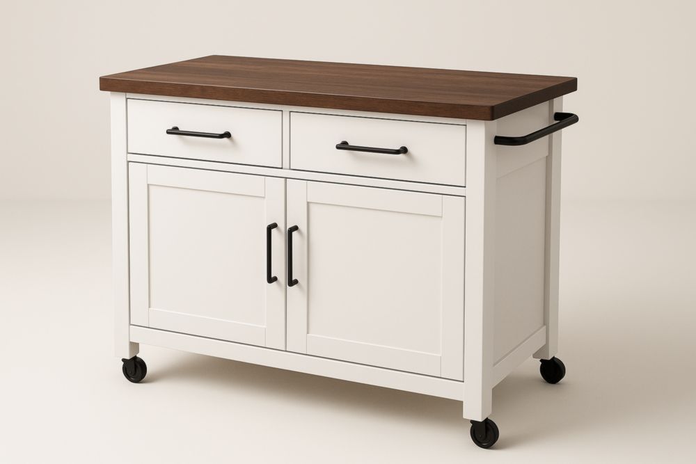 Chariot de cuisine MDF avec plan de travail en bois de noyer et cadre blanc 115x46x92cm