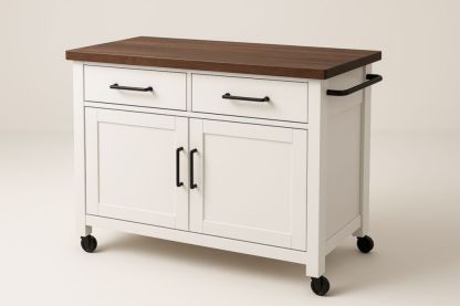 Chariot de cuisine MDF avec plan de travail en bois de noyer et cadre blanc 115x46x92cm