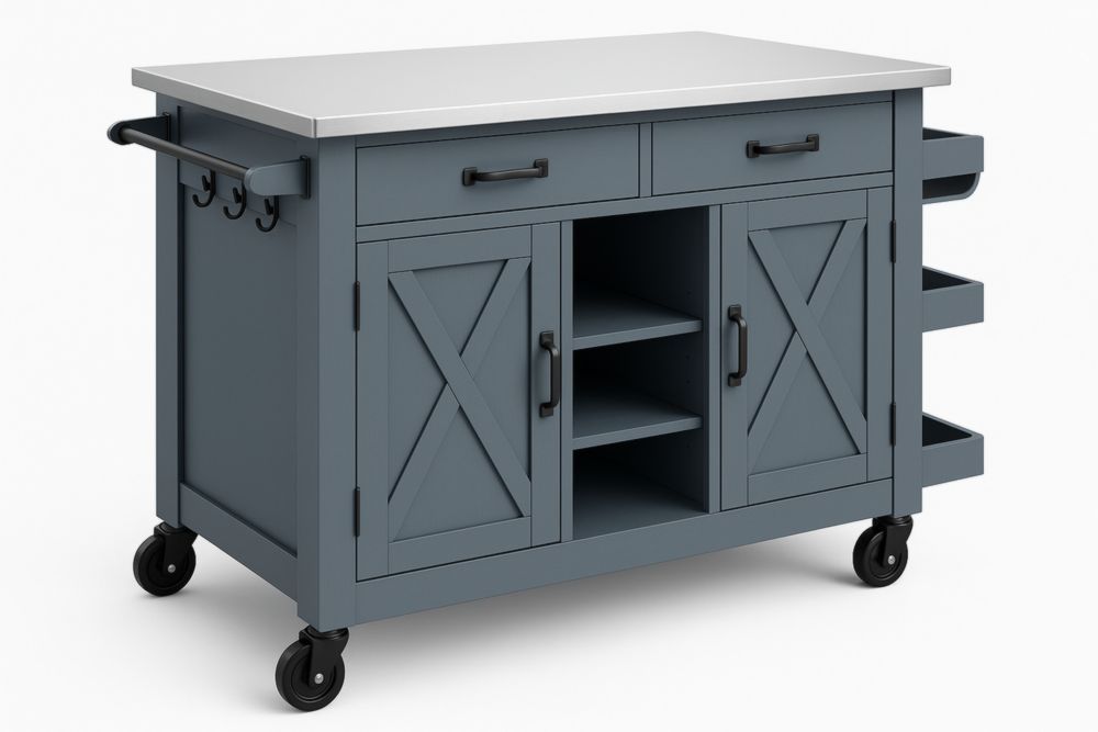 Chariot de cuisine en bois avec plateau en acier inoxydable et roulettes gris