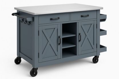 Chariot de cuisine en bois avec plateau en acier inoxydable et roulettes gris