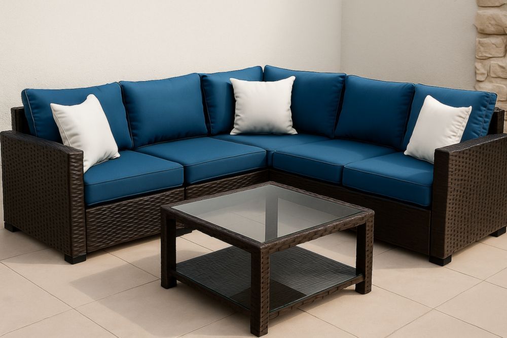 Canapé d'angle extérieur en résine tressée coussin en polyester bleu 215x215x75 cm avec table basse en verre trempé