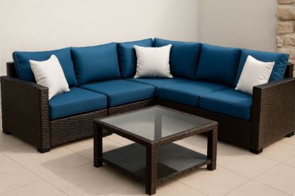 Canapé d'angle extérieur en résine tressée coussin en polyester bleu 215x215x75 cm avec table basse en verre trempé