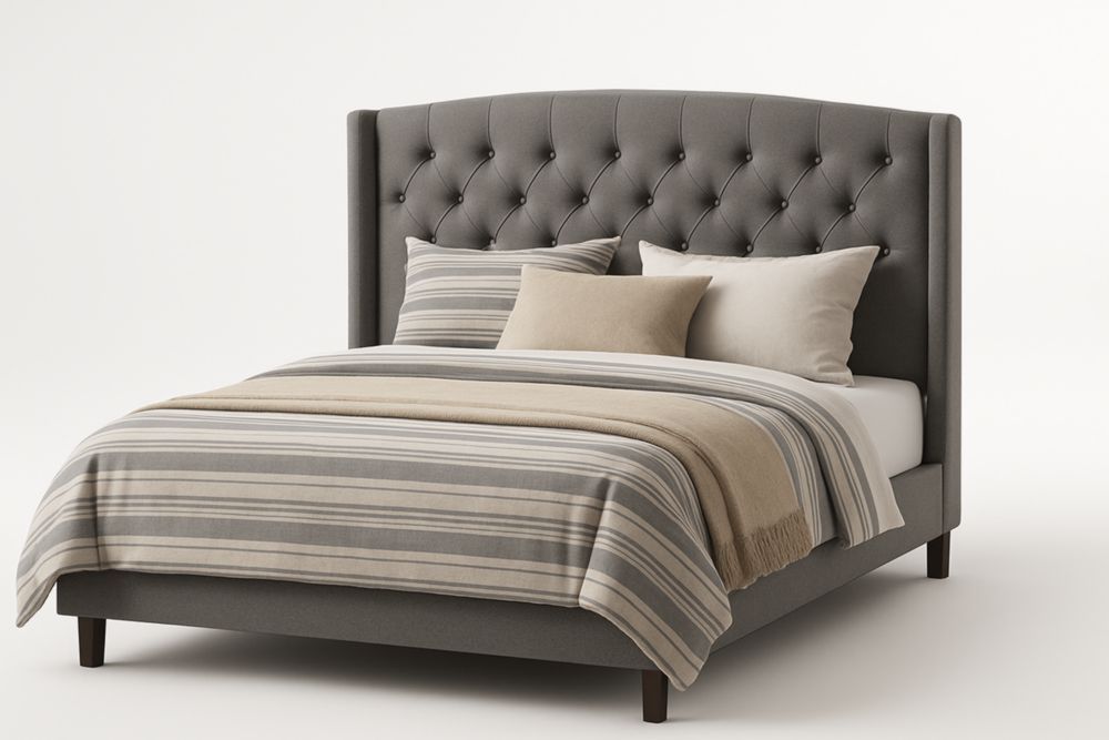 Lit double rembourré en tissu gris avec tête de lit capitonnée 160x200cm