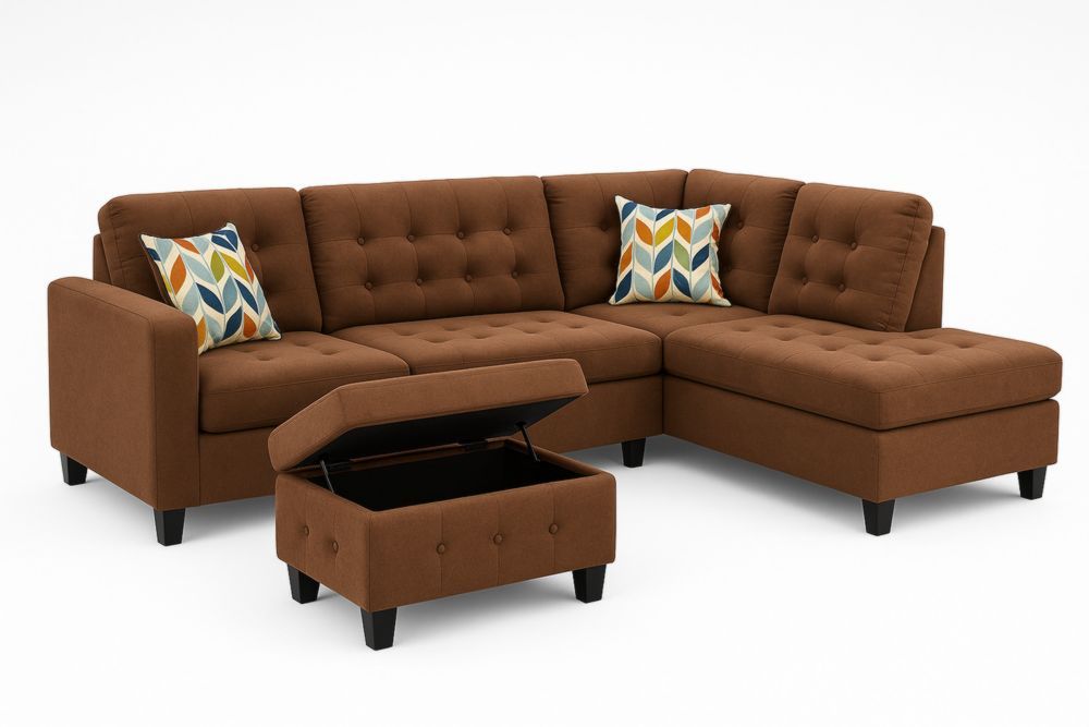 Canapé d'angle en tissu polyester marron avec coussins et ottoman de rangement