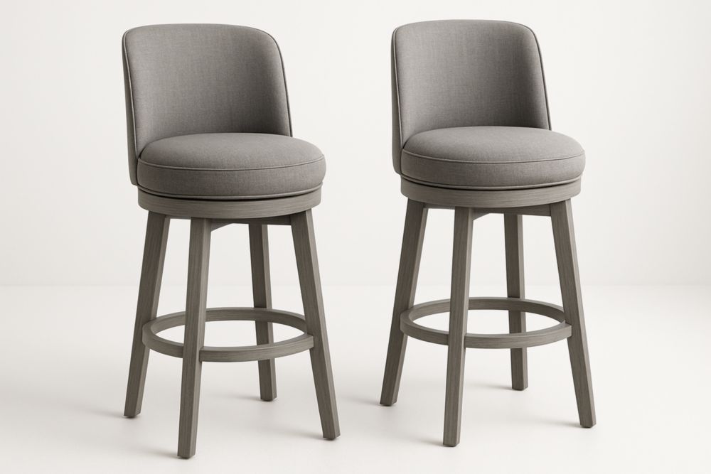 Tabourets de bar pivotants en tissu gris avec dossier et pieds en bois, hauteur d'assise 75 cm, lot de 2