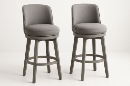 Tabourets de bar pivotants en tissu gris avec dossier et pieds en bois, hauteur d'assise 75 cm, lot de 2