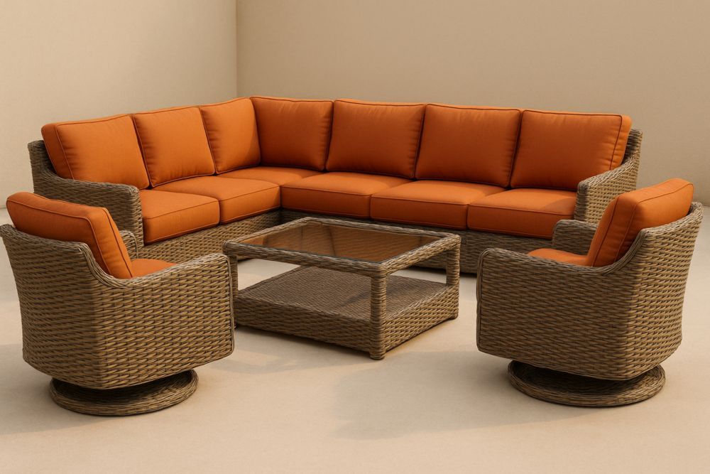 Ensemble Salon de Jardin en Résine Tressée et Coussins Orange Table Basse en Verre