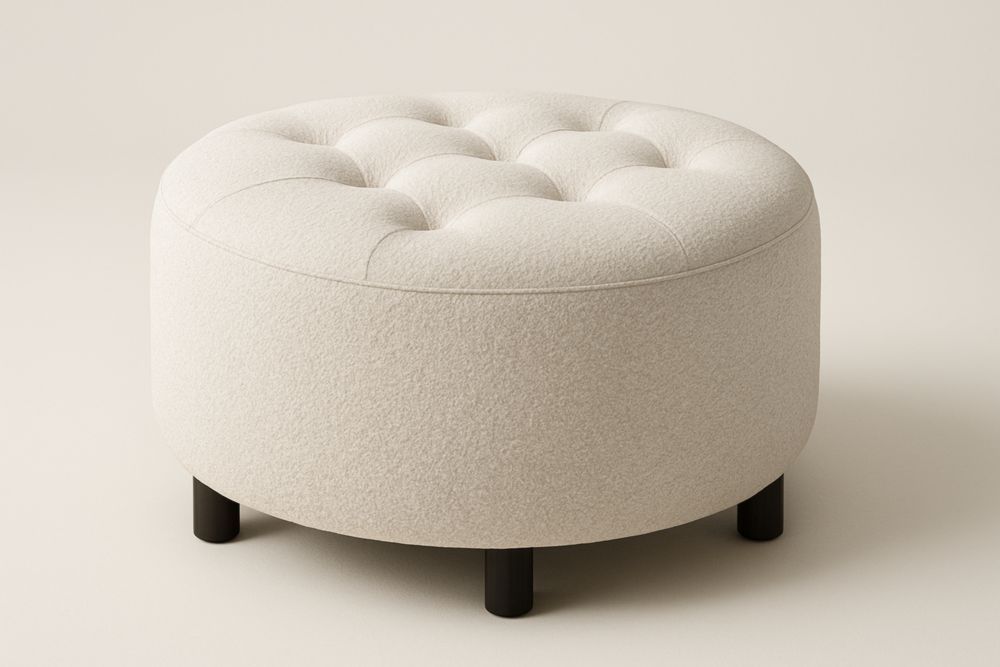 Pouf Rond en Tissu Polyester Écru avec Pieds Bois 60cm
