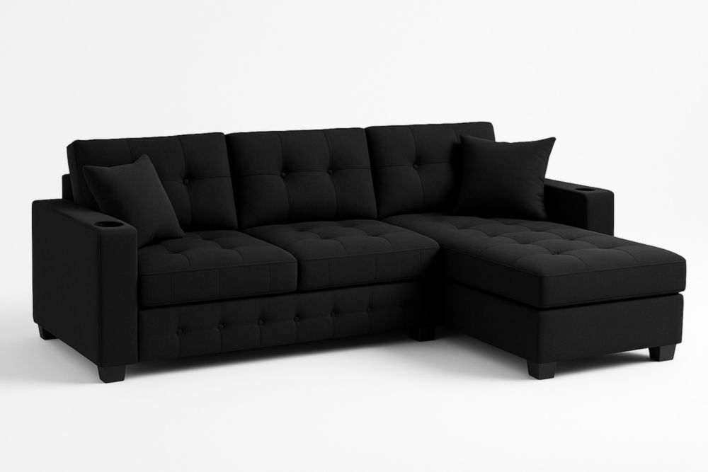 Canapé d'angle tissu polyester noir L300xP150xH85 cm