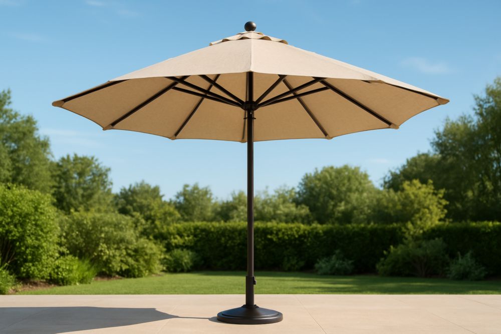 Parasol rond 3m tissu polyester beige structure aluminium base acier