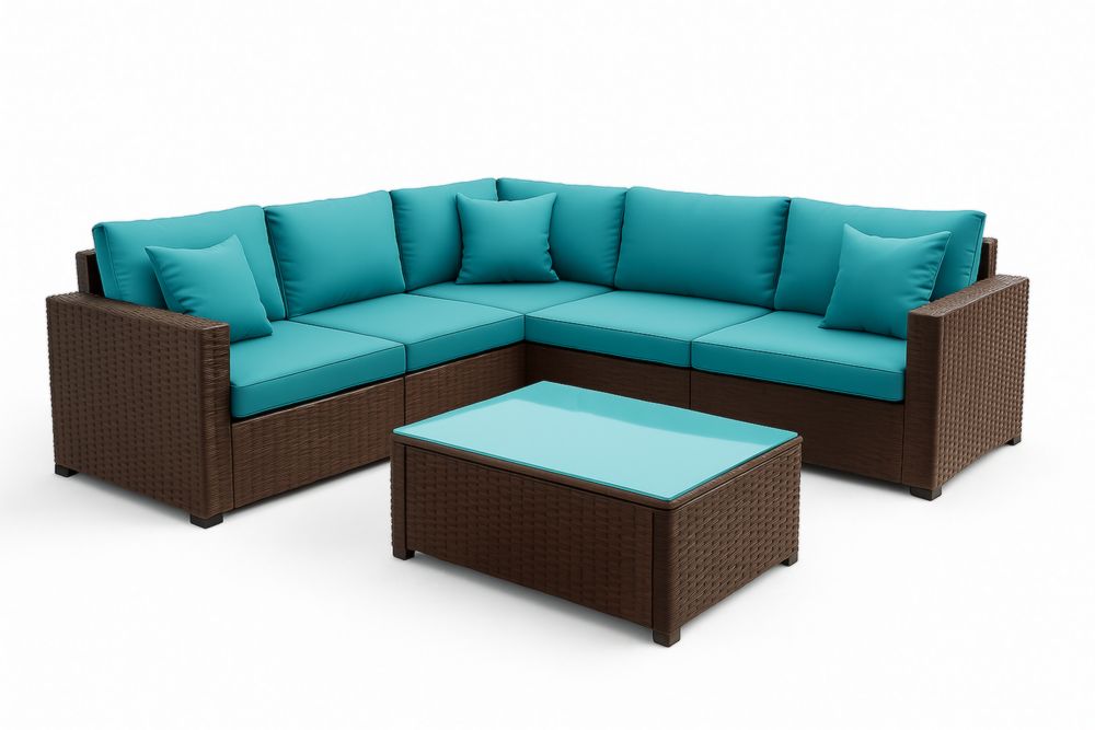 Ensemble de Salon de Jardin en Résine Tressée Marron 5 Places avec Table Basse en Verre Trempé Bleu