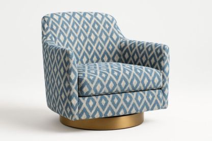 Fauteuil pivotant à motifs géométriques bleu en tissu de polyester avec base ronde en métal