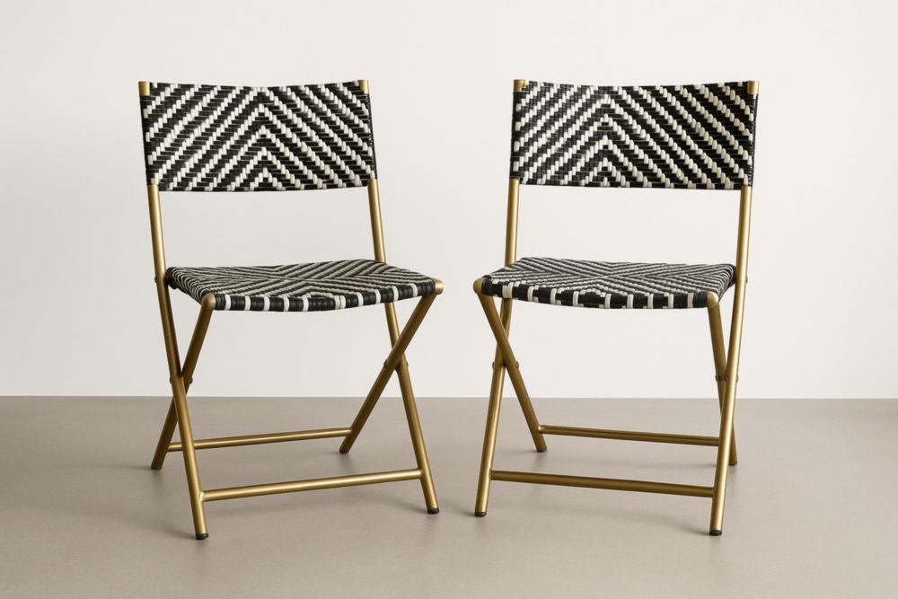 Chaise pliante en métal et résine tressée noir/blanc ensemble de 2