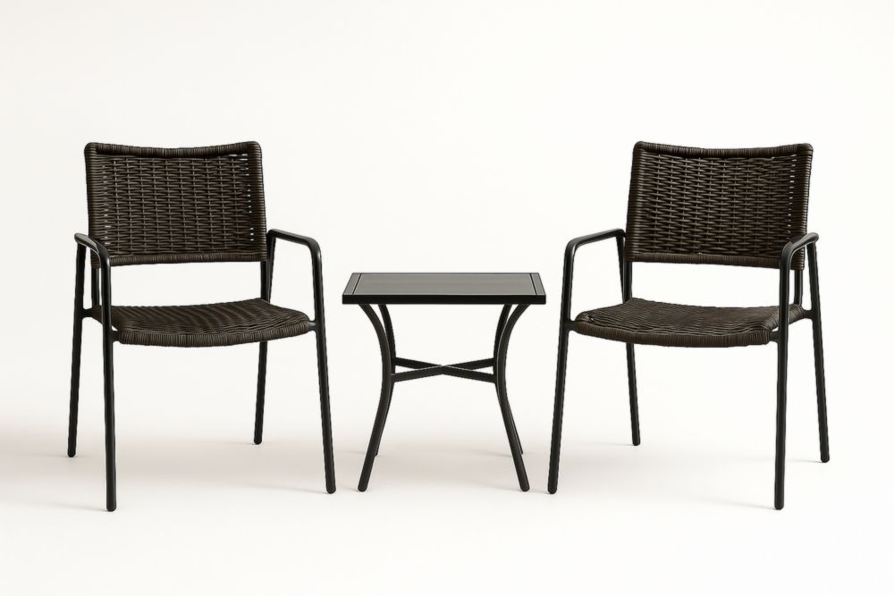 Ensemble mobilier de jardin en rotin synthétique noir avec table en verre trempé 2 chaises