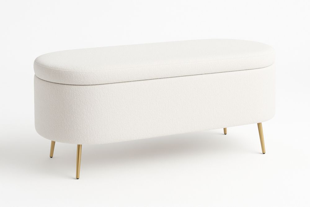 Banc de Rangement Ovale Tissu Blanc Pieds Métalliques 110x43x45 cm